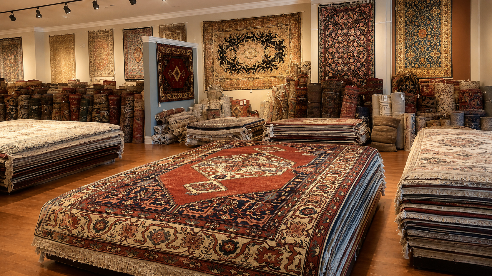 Stacks of hand-knotted oriental rugs inside Home Rugs Gallery